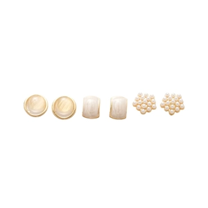 Elegant 3-pair pearl earring set featuring vintage rectangle and round studs in gold