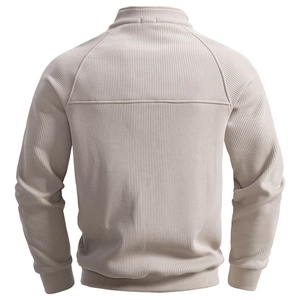 Men's light brown vertical ribbed knit jacket with stand collar and raglan sleeves back view
