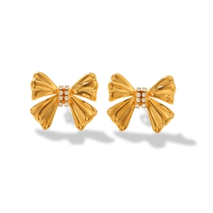 18K gold plated stainless steel bow earrings with sparkling white crystals for women