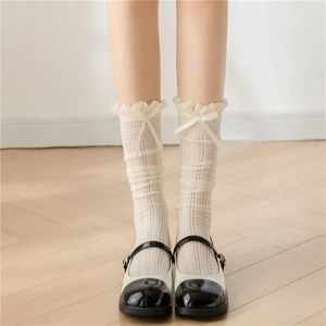 Women Lace Mid Calf Socks Japanese JK Lolita Style Ruffle Trim Bow Mesh Hollow Out Sweet Calf High Socks