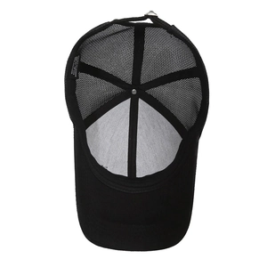 Breathable black camouflage mesh baseball cap with 100% cotton brim and inside detail view