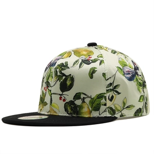 Flat brim snapback hat with summer floral botanical print and contrast black visor