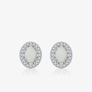 Oval White Opal Stud Earrings For Women With Zircon Halo 925 Sterling Silver Earring Post Elegant Jewelry