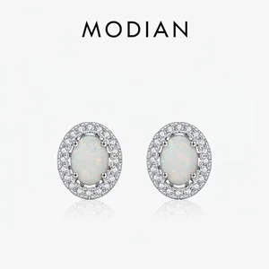 Oval White Opal Stud Earrings For Women With Zircon Halo 925 Sterling Silver Earring Post Elegant Jewelry