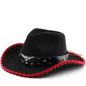 Western Cowboy Hat Polyester Felt Wide Brim With Metal Bull Head Rivets Leather Band Ethnic Retro For Men Women Casual