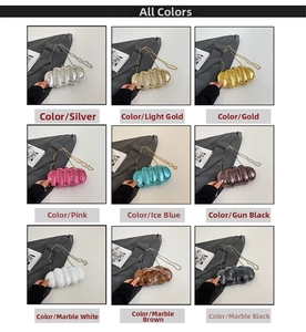 Grid view of acrylic evening clutch bags in nine marble textures and metallic finishes