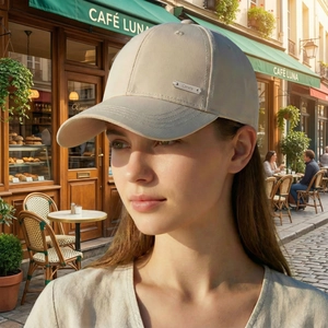 Classic beige baseball cap for men with a metallic side brand plate in an outdoor setting