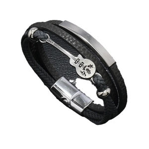 Men's multilayer black leather bracelet featuring a silver guitar pendant and magnetic clasp