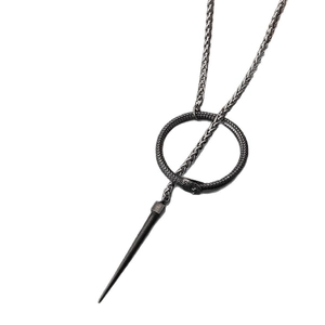 Vintage stainless steel ouroboros snake ring necklace with hanging spike pendant on white background
