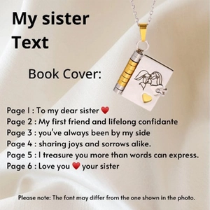Detail of custom book-shaped locket necklace showing 6 engravable pages for personalized text