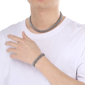 Three-row braided stainless steel necklace and bracelet set for men and women