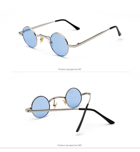 Detail view of steampunk round sunglasses with silver frame and light blue lenses