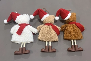 Three plush Christmas bears in white, beige, and coffee with red hats and scarves