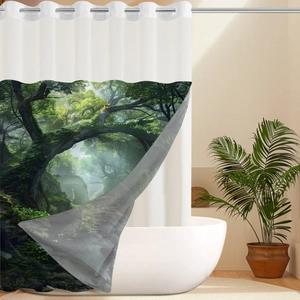 Detail showing forest pattern on waterproof waffle fabric shower curtain with metal eyelets