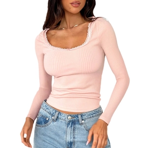 Pink rib-knit slim-fit long-sleeve top with white lace trim V-neckline for women