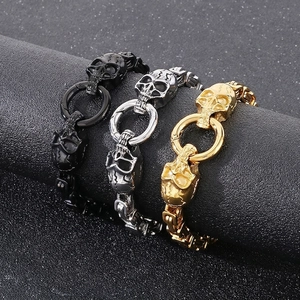 Men Byzantine Chain Bracelet Stainless Steel Skull Heads Clasp Punk Gothic Retro Rock Biker Jewelry Accessory