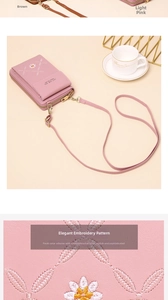 Close-up detail of delicate white daisy embroidery on pink vertical leather phone bag