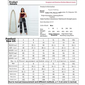 Größentabelle für High-Waist Patchwork-Jeans mit Details zur Baumwollmischung und Passform