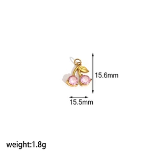 Detail view of pink cherry pendant with measurements of 15.6mm height and 15.5mm width