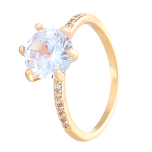 Anillo solitario clásico de seis garras con circón redondo y banda pavé en oro rosa