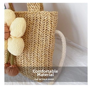 Close-up of woven straw texture with 3D yellow flower and thick cotton rope strap