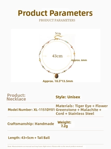 Detailed technical diagram of tiger eye stone necklace with dimensions and materials