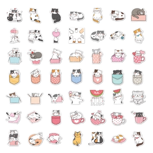 Detail of 49 unique cartoon cat stickers in various poses with soft macaron colors