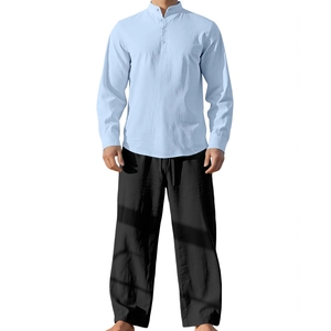 Men's light blue cotton linen henley long sleeve shirt and black trousers lounge set