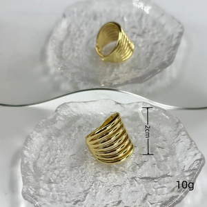 Macro view of 18k gold plated multi-layer open ring showing 2cm width and 10g weight