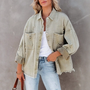 Women's vintage light olive denim jacket with distressed frayed edges and drop shoulder