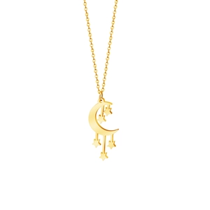 Detail of gold moon and star pendant on a delicate O-chain link necklace