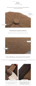 Detail of brown cotton baseball cap showing 3D embroidery, metal buckle and soft top fabric