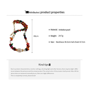 Detailed size and weight chart for colorful beaded faux pearl necklace with lobster clasp