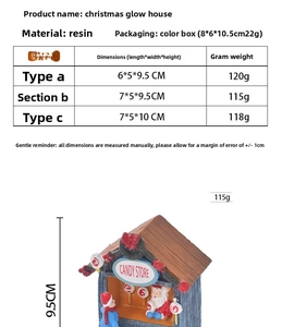 Size chart for resin Christmas glowing house ornaments showing dimensions and weight details