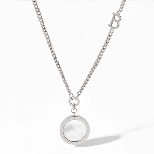 Silver stainless steel mother-of-pearl necklace with Roman numerals and B-letter pendant