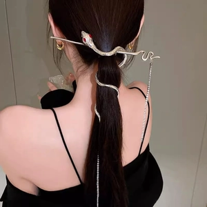 Detail of silver snake hair pin with tassels worn on a ponytail for a cool look