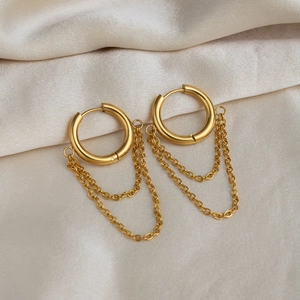 18K gold plated double layer chain hoop earrings with elegant tassel fringe design
