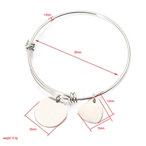 Adjustable stainless steel bangle with polished round and heart tags for DIY engraving