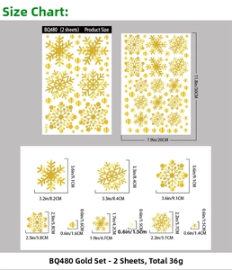 Detailed size chart for golden snowflake window stickers showing varied dimensions