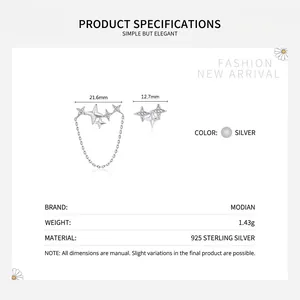 925 Sterling Silver asymmetrical star stud earrings with tassel chain and zircon stone