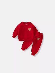 Red kids fleece tracksuit with cute bear embroidery, cozy warm two-piece sweatshirt set