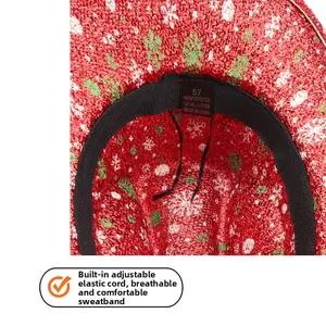 Detail of red Christmas hat showing knit snowflake pattern, inner sweatband and drawstring
