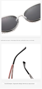 Detail of ergonomic nose pads and rhinestone-studded temples of silver Y2K cat eye sunglasses