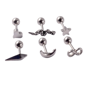 6-piece silver stainless steel stud earring set with moon star heart snake and infinity shapes