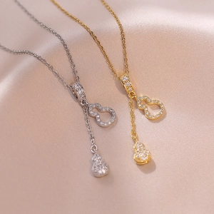 Double Gourd Pendant Necklace Titanium Steel Hollow Pave Rhinestone Elegant Jewelry For Women