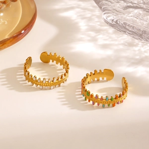 18K gold plated fishbone ring with colorful enamel inlay on glass with natural shadows