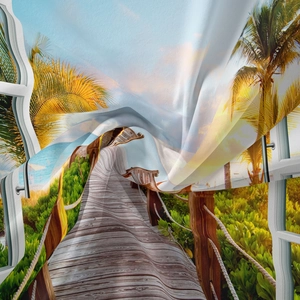 Detailed close-up of soft polyester fabric showing tropical beach digital printing