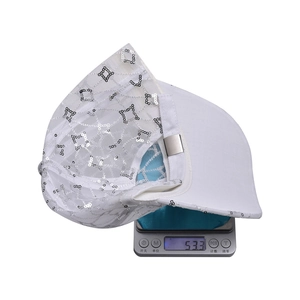 White mesh baseball cap with silver sequin star, lightweight 53.3g breathable hat