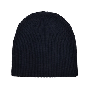 Close-up of fine ribbed knit texture on a warm winter beanie hat in dark blue