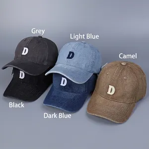 Washed denim baseball caps with embroidered D letter in five assorted colors